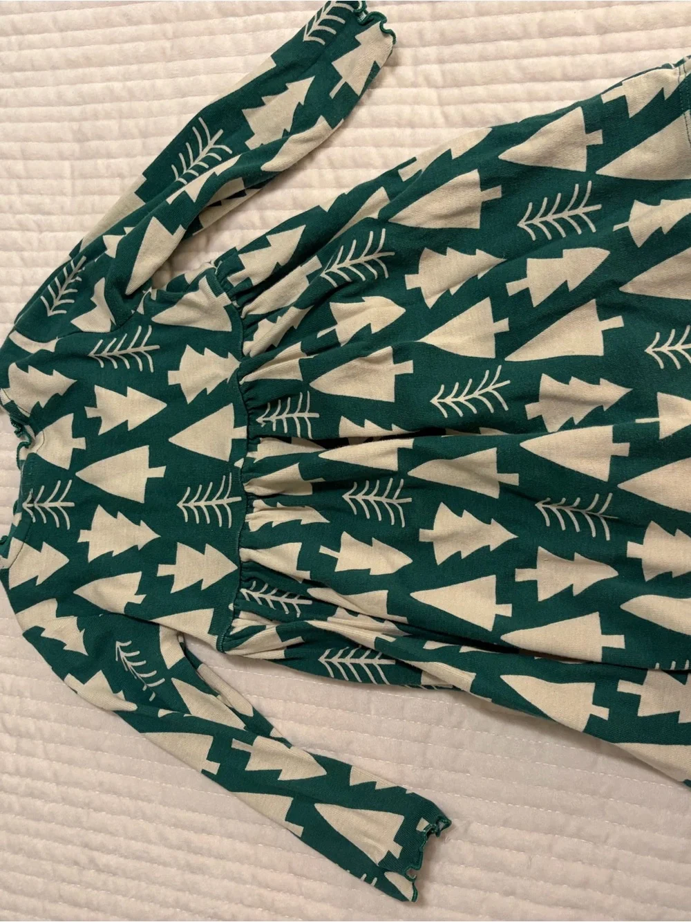 Hanna Andersson Teal and Cream Christmas Tree Print Long Sleeve Dress